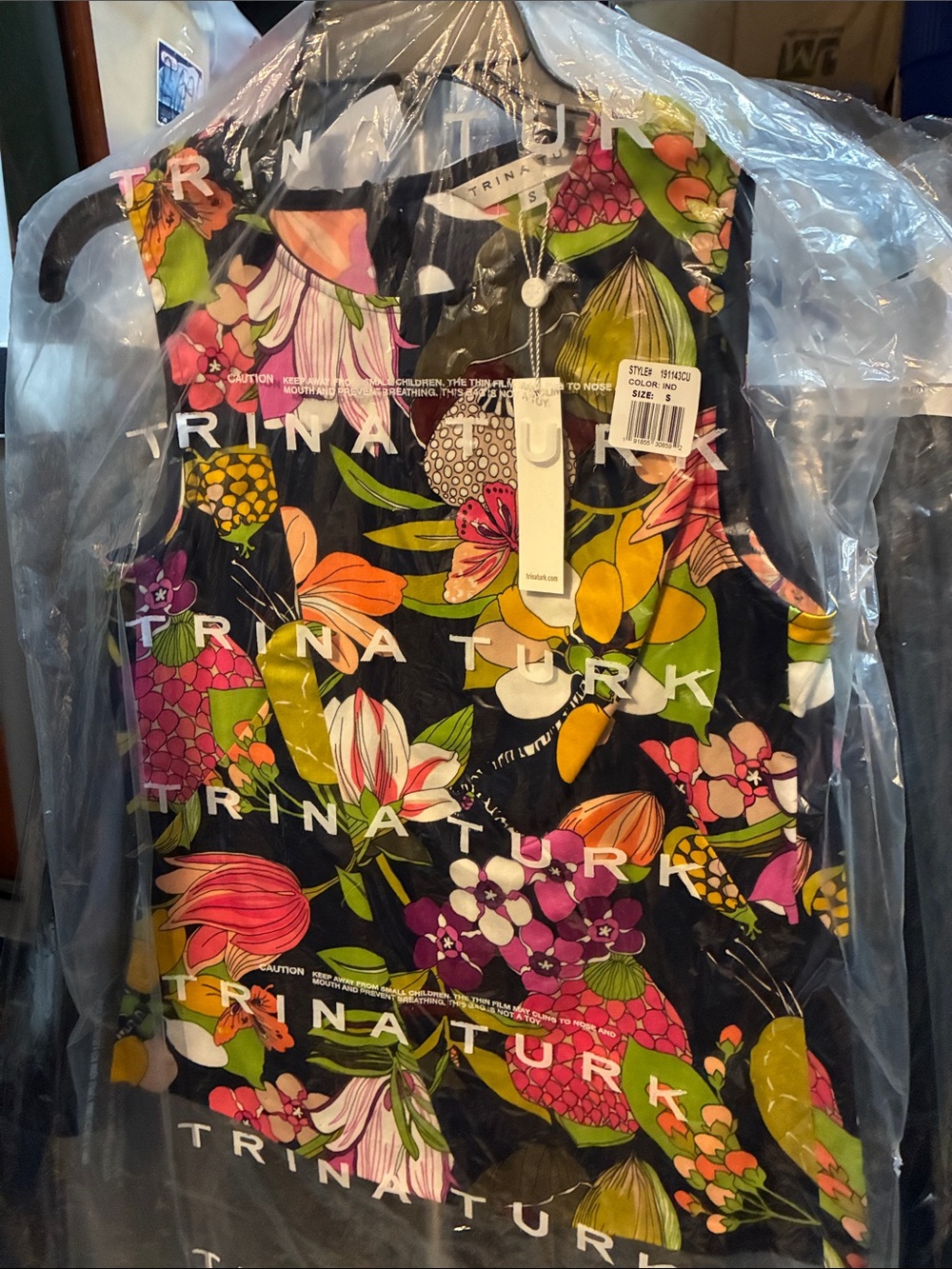 Trina Turk Black Floral Print Sleeveless Dress with Multicolor Blooms